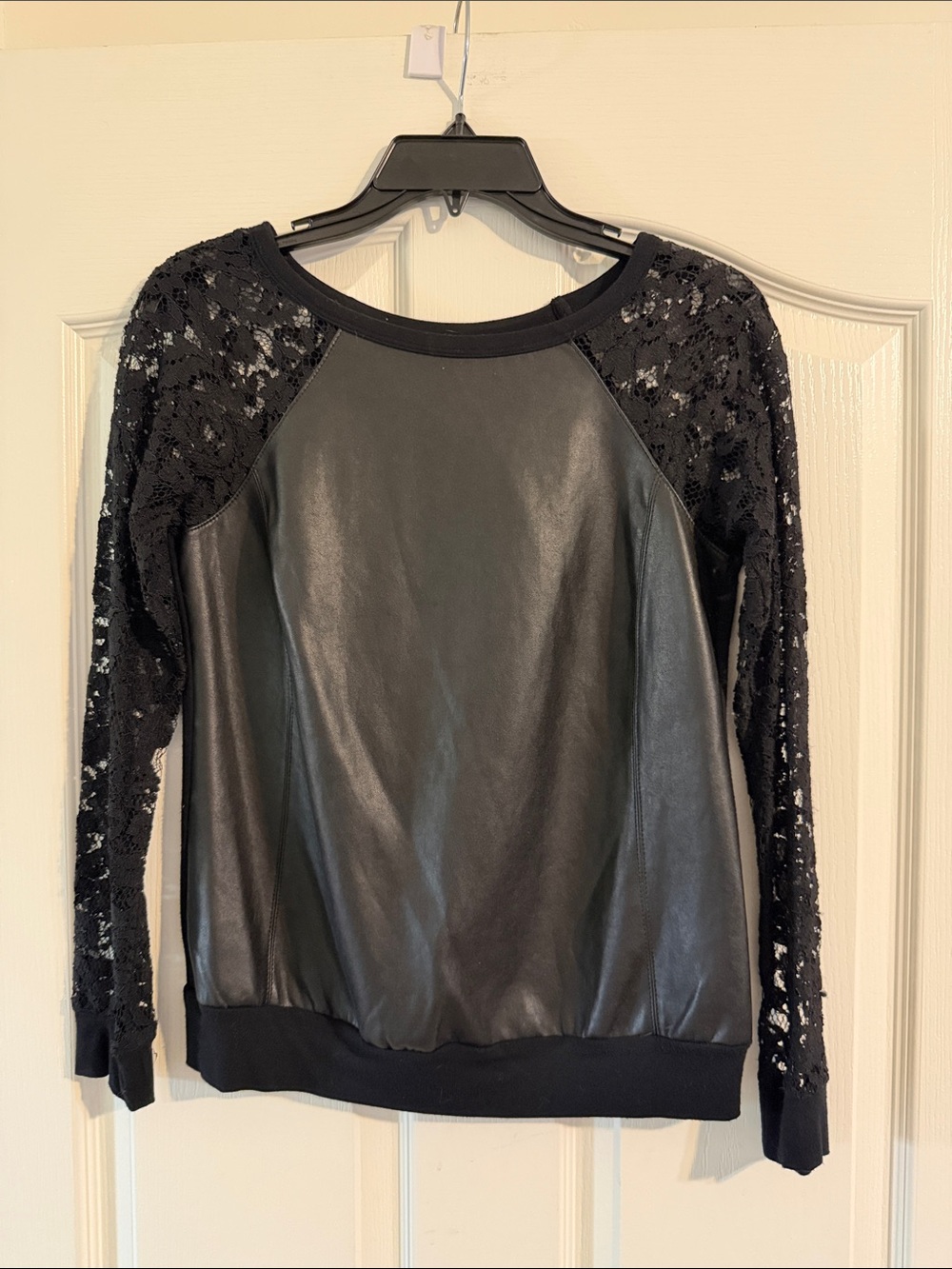 Bailey 44 Black Faux Leather & Lace Top